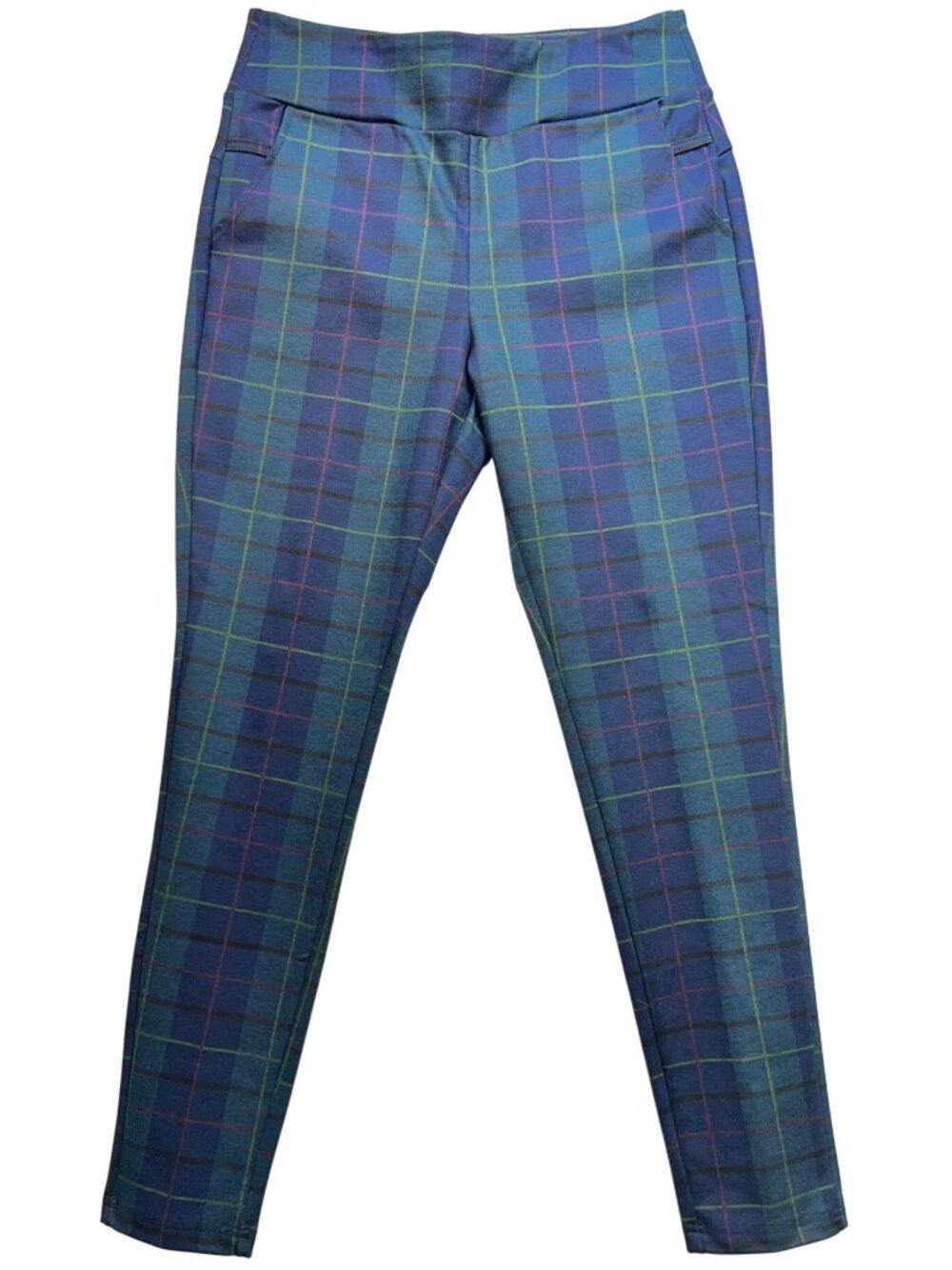 Charlie Paige Womens Pull On Skinny Pants Stretch Size M Blue Green Tartan Plaid